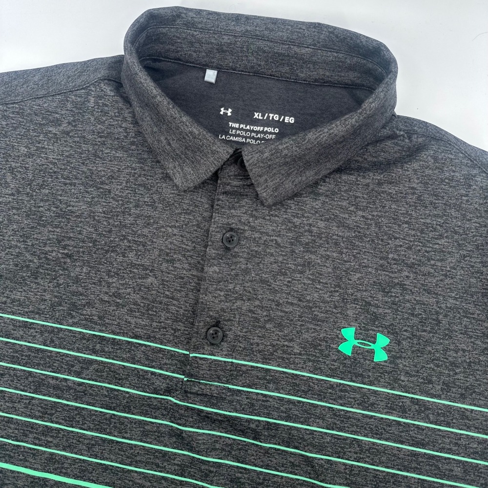Under Armour Playoff Polo Mens XL Gray Green Striped Short Sleeve Golf Shirt